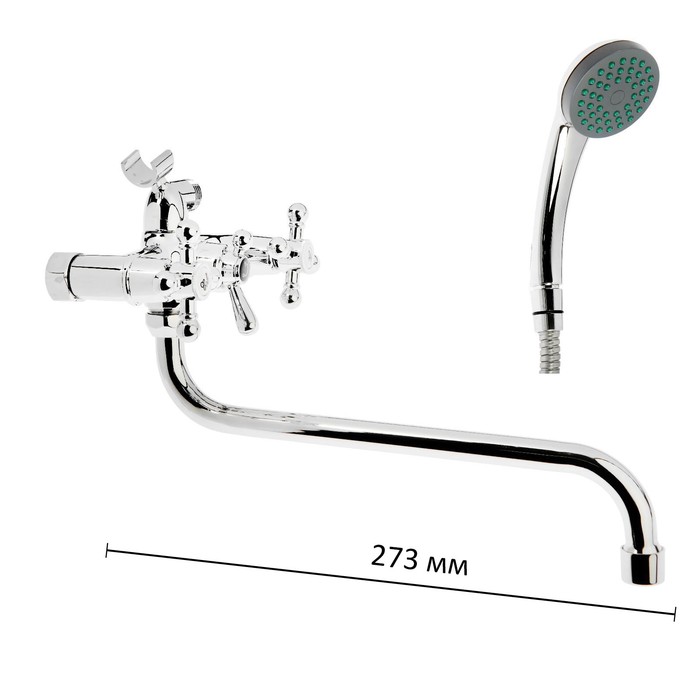 Смеситель для ванны "ЦС-СМ 15417", двухрычажный, настенный, с душевым набором, хром