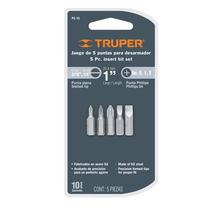 Набор бит повышенной прочности TRUPER P5-15, сталь S2, PH-0,1,2, S3/16, S1/4, 25 мм, 5 шт