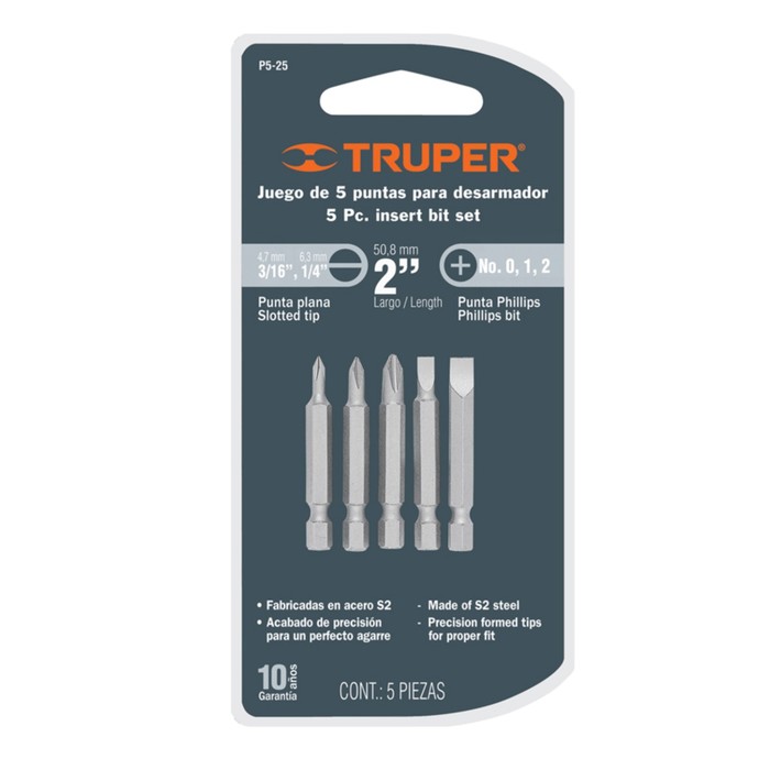 Набор бит повышенной прочности TRUPER P5-25, сталь S2, PH-0,1,2, S3/16, S1/4, 51 мм, 5шт