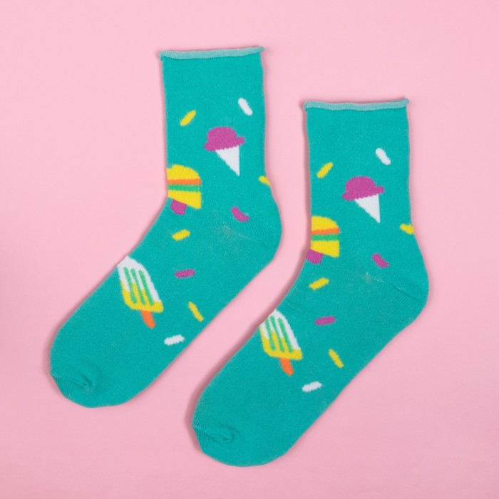 Носки женские "Мороженка", бирюзовые, р-р 36-40 (23-25 см), хл 80%, п/а 17%, эл 3%