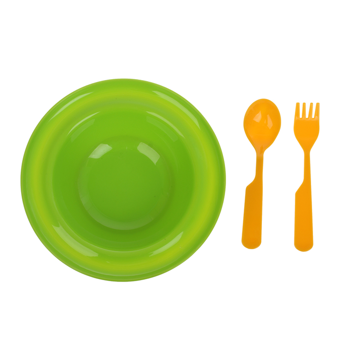 Набор детской посуды, 4 предмета: кружка-поильник «Зайка» 225мл, тарелка на присоске 280 мл, ложка, вилка, цвет салатовый/красный/жёлтый