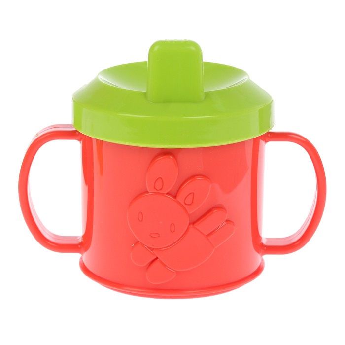 Набор детской посуды, 4 предмета: кружка-поильник «Зайка» 225мл, тарелка на присоске 280 мл, ложка, вилка, цвет салатовый/красный/жёлтый