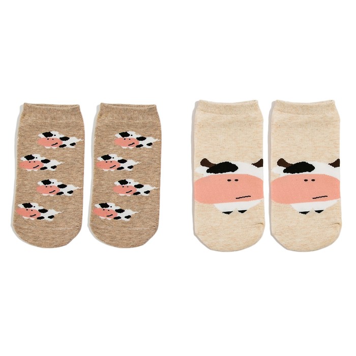 Набор женских носков (2 пары) "Корова и телята", цвет бежевый/жёлтый, размер 36-42