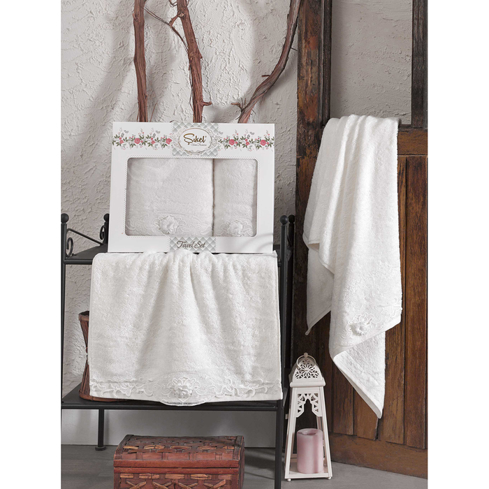 КМП в коробке SIKEL с вышивкой 50х90/70х140 2 пр. AFRODİT кремовый  бамбук 440г/м2