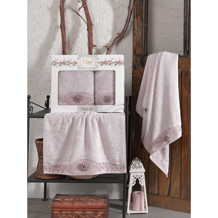 КМП в коробке SIKEL с вышивкой 50х90/70х140 2 пр. AFRODİT лиловый бамбук 440г/м2