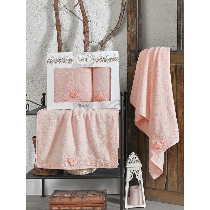 КМП в коробке SIKEL с вышивкой 50х90/70х140 2 пр. AFRODİT персиковый бамбук 440г/м2