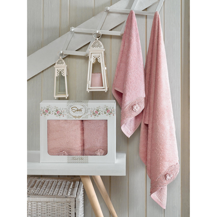 КМП в коробке SIKEL с вышивкой 50х90/70х140 2 пр. AFRODİT пудра бамбук 440г/м2