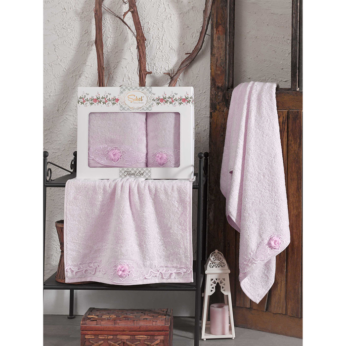 КМП в коробке SIKEL с вышивкой 50х90/70х140 2 пр. AFRODİT розовый бамбук 440г/м2