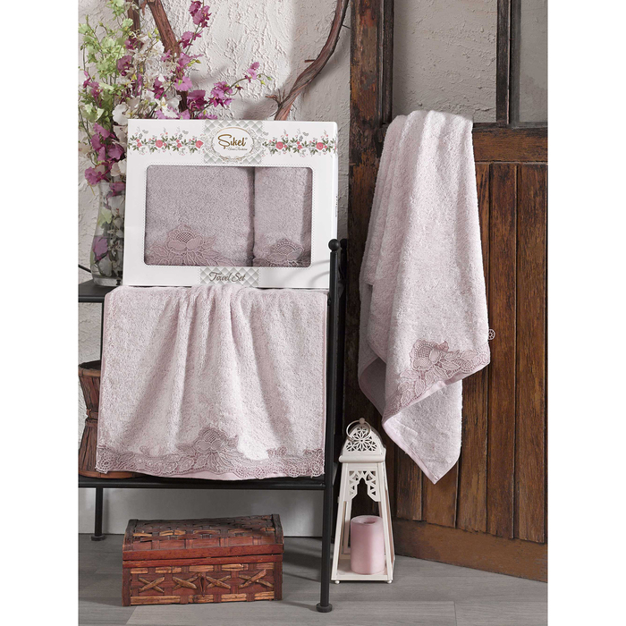 КМП в коробке SIKEL с вышивкой 50х90/70х140 2 пр. BERHAMİS лиловый бамбук 440г/м2