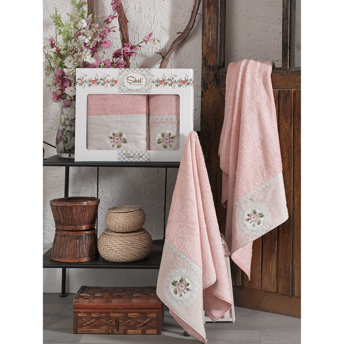 КМП в коробке SIKEL с вышивкой 50х90/70х140 2 пр. KANEVICE пудра бамбук 440г/м2