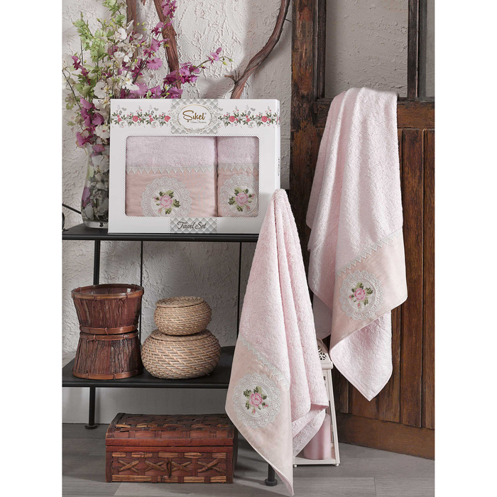 КМП в коробке SIKEL с вышивкой 50х90/70х140 2 пр. KANEVICE розовый бамбук 440г/м2