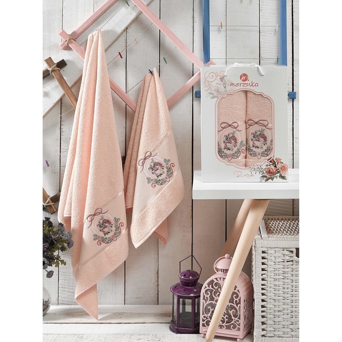 КМП в коробке MERZUKA махр.  50х80/70х130 2 пр. ROSE пудра , хлопок,  380г/м2