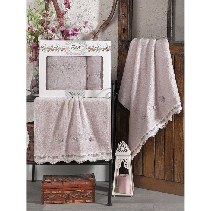 КМП в коробке SIKEL с вышивкой 50х90/70х140 2 пр. LONDON лиловый бамбук 440г/м2