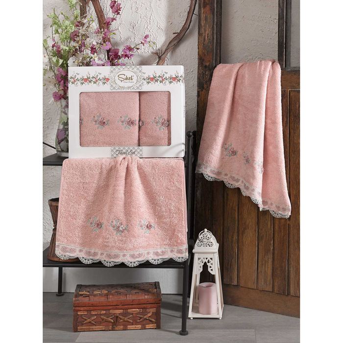 КМП в коробке SIKEL с вышивкой 50х90/70х140 2 пр. LONDON пудра бамбук 440г/м2