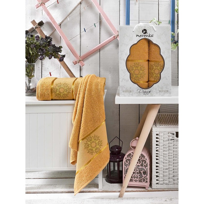 КМП в коробке MERZUKA махр.  50х80/70х130 2 пр. DAMASK горчичный , хлопок,  380г/м2
