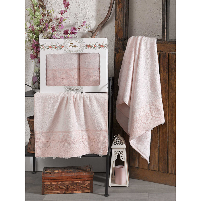 КМП в коробке SIKEL с вышивкой 50х90/70х140 2 пр. SOLEMARE персиковый бамбук 440г/м2