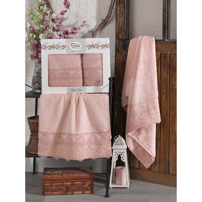 КМП в коробке SIKEL с вышивкой 50х90/70х140 2 пр. SOLEMARE пудра бамбук 440г/м2