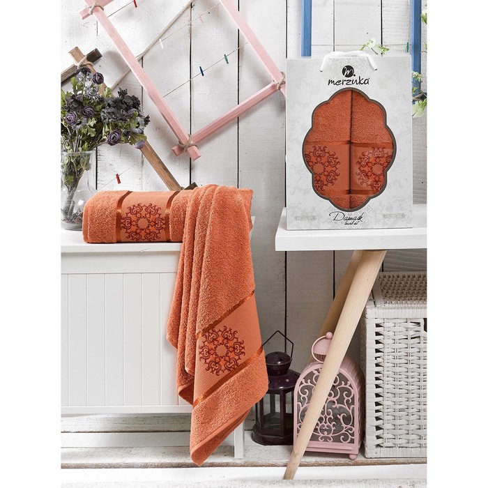 КМП в коробке MERZUKA махр.  50х80/70х130 2 пр. DAMASK терракотовый , хлопок,  380г/м2