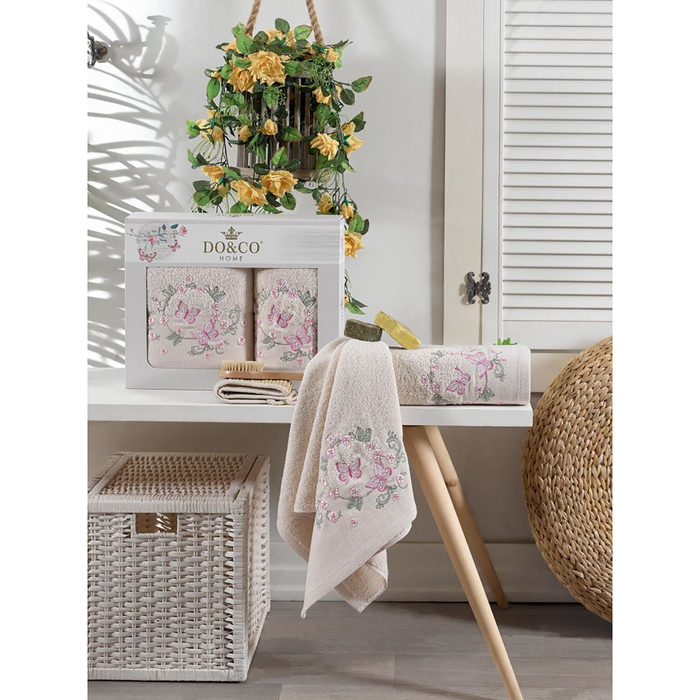 КМП в коробке DO&amp;CO  махр. 50х90/70х140 2 пр. FARFALLA бежевый , хлопок,  440г/м2