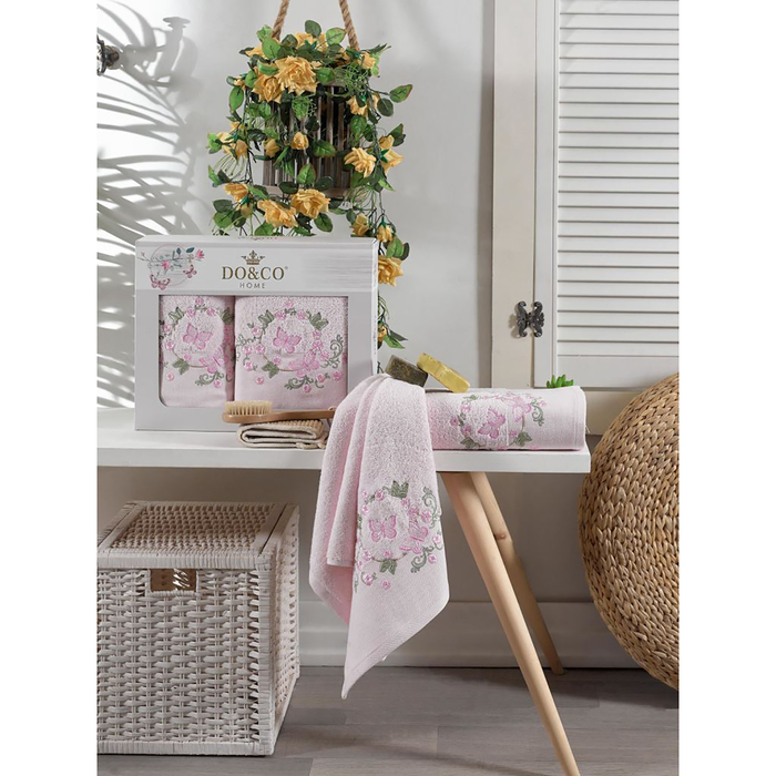 КМП в коробке DO&amp;CO  махр. 50х90/70х140 2 пр. FARFALLA розовый , хлопок,  440г/м2