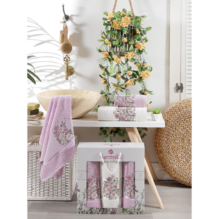 КМП в коробке MERZUKA махр.  (50х80 2шт, 70х130)  3 шт. FLORAL сиреневый, хлопок,  380г/м2