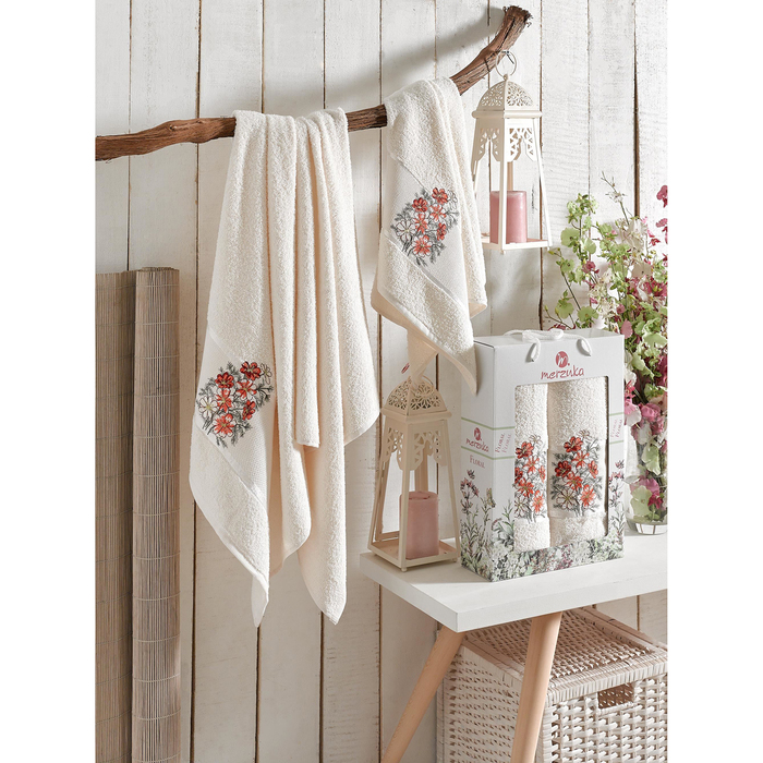 КМП в коробке MERZUKA махр.  50х80/70х130 2 пр. FLORAL кремовый  , хлопок,  380г/м2