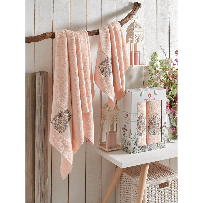 КМП в коробке MERZUKA махр.  50х80/70х130 2 пр. FLORAL пудра , хлопок,  380г/м2