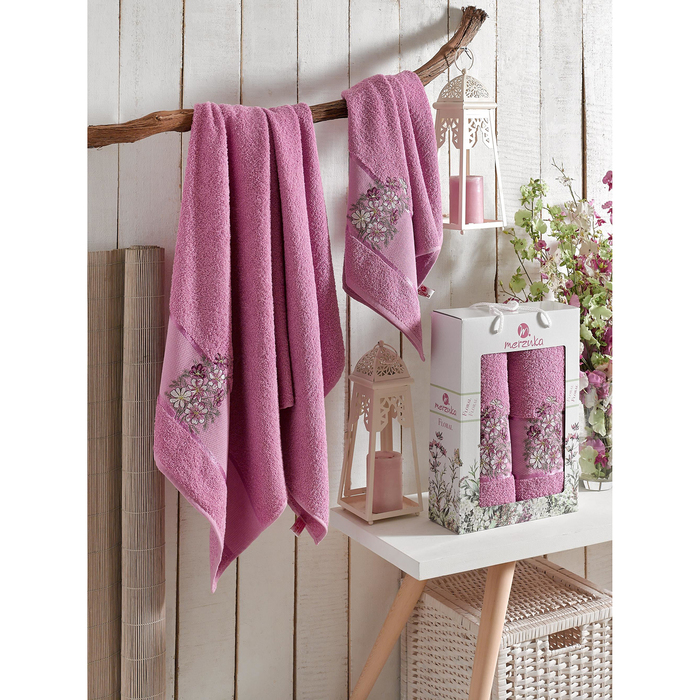 КМП в коробке MERZUKA махр.  50х80/70х130 2 пр. FLORAL светло-лиловый , хлопок,  380г/м2