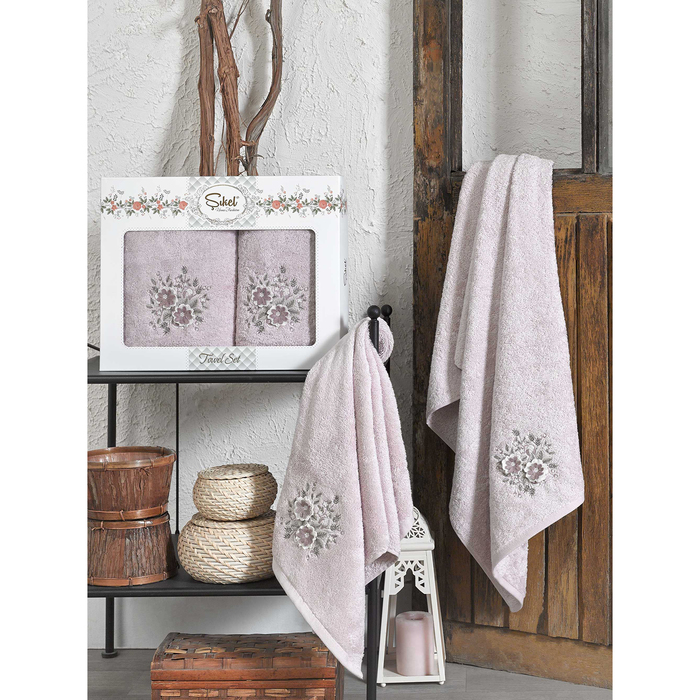 КМП в коробке SIKEL 3д с вышивкой 50х90/70х140 2 пр. FLORIDA лиловый бамбук 440г/м2