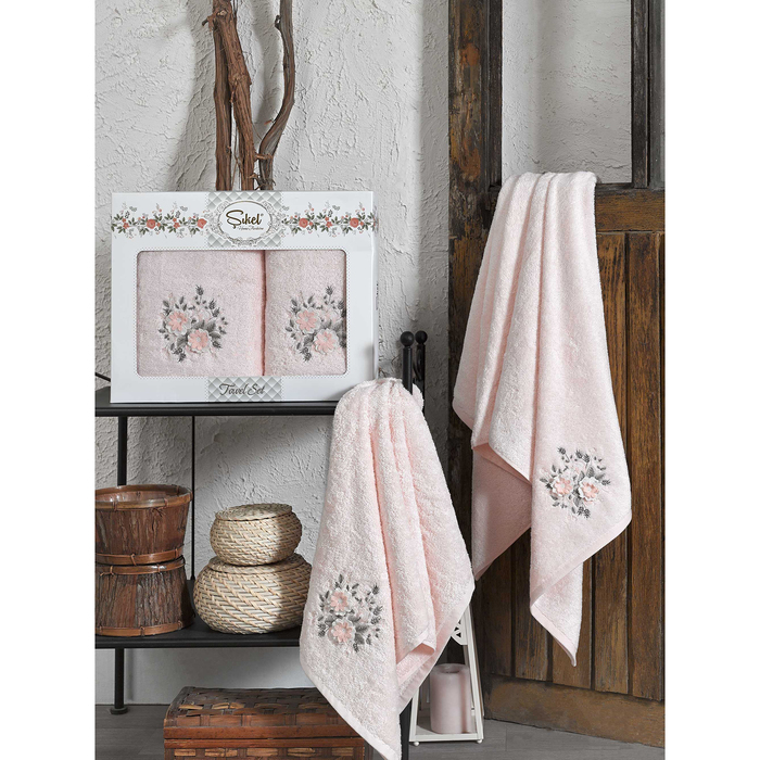 КМП в коробке SIKEL 3д с вышивкой 50х90/70х140 2 пр. FLORIDA персиковый бамбук 440г/м2