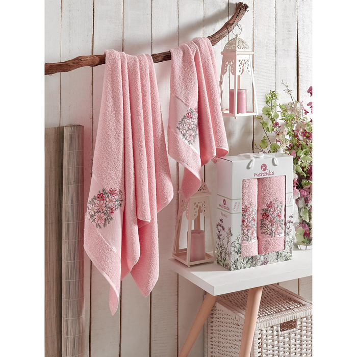КМП в коробке MERZUKA махр.  50х80/70х130 2 пр. FLORAL светло-розовый , хлопок,  380г/м2