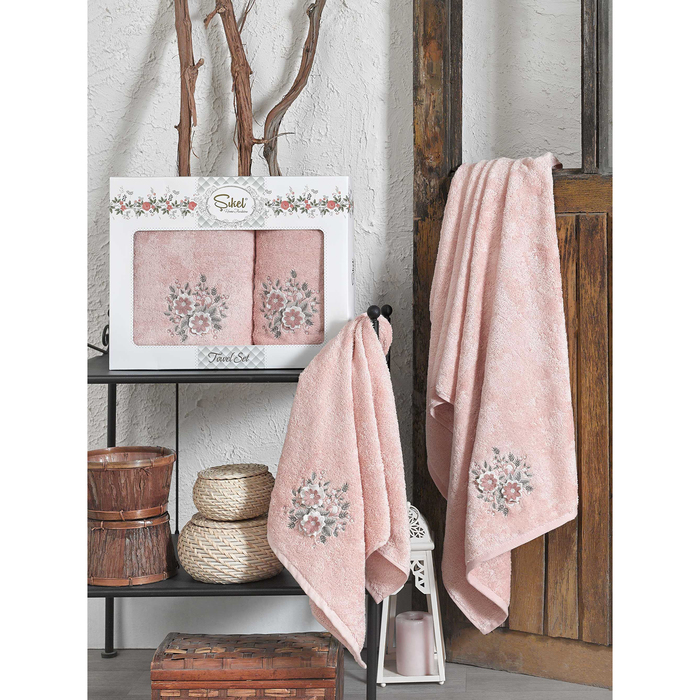 КМП в коробке SIKEL 3д с вышивкой 50х90/70х140 2 пр. FLORIDA пудра бамбук 440г/м2