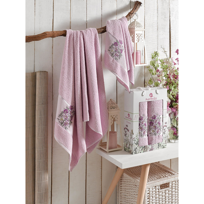 КМП в коробке MERZUKA махр.  50х80/70х130 2 пр. FLORAL сиреневый , хлопок,  380г/м2