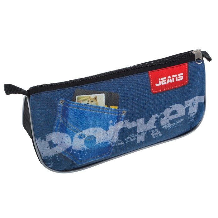 Пенал мягкий 1 отделение, объемный 105x220x65 мм, Премиум "Джинсовые кармашки"