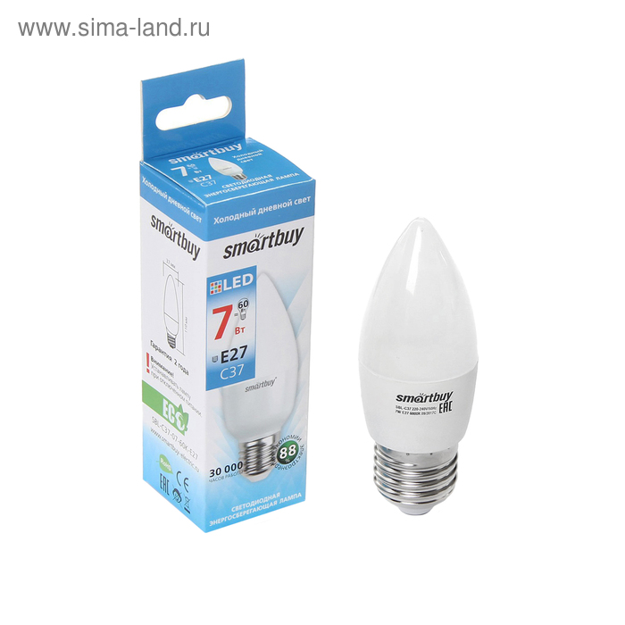 Лампа cветодиодная Smartbuy, E27, C37, 7 Вт, 6000 К, холодный белый свет лампа cветодиодная smartbuy e27 a60 9 вт 3000 к теплый белый свет