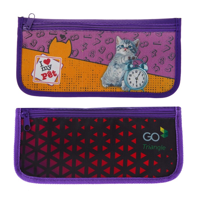 Пенал мягкий 1 отделение, плоский 115x215 мм "Котенок с будильником"