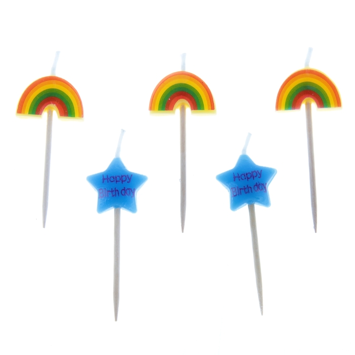 Свечи восковые для торта "С Днем рождения - звёздочки и радуга" (набор 5 шт)