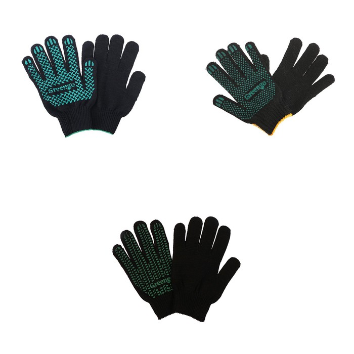 Перчатки, х/б, вязка 10 класс, 6 нитей, размер 9, с ПВХ точками, чёрные, Greengo