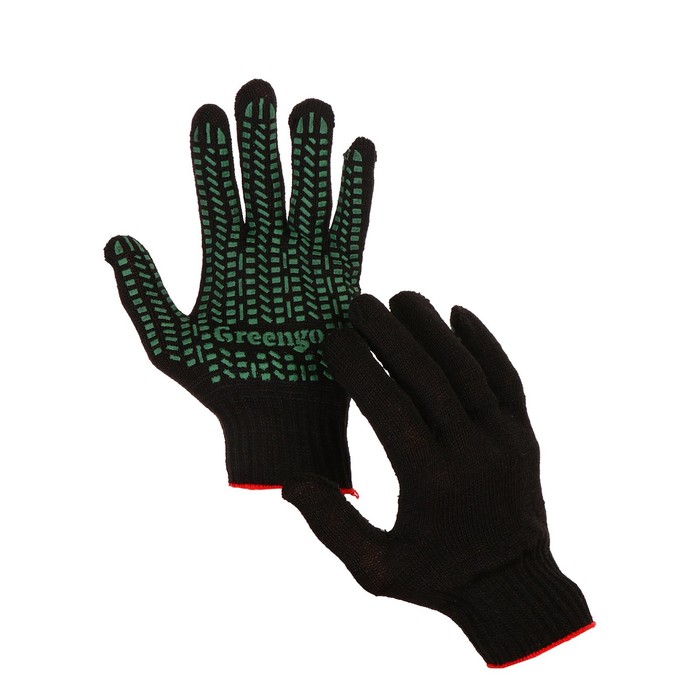 Перчатки, хб, вязка 10 класс, 4 нити, размер 9, с ПВХ протектором, чёрные, Greengo