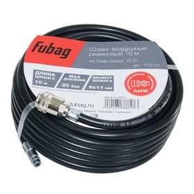 

Шланг FUBAG, с фитингами рапид, маслостойкая термопластичная резина, 20 бар, 6x11мм, 10м