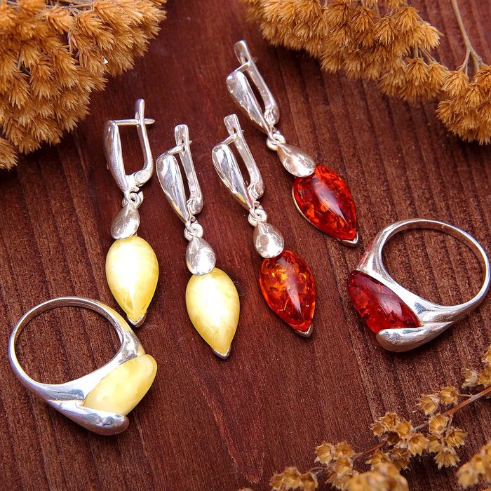 Гарнитур посеребрение 2 предмета: серьги, кольцо "Янтарь" бутон, цвет МИКС, 18,5 размер