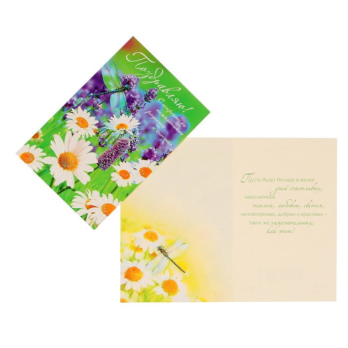 Открытка "Поздравляю" стрекоза, ромашки