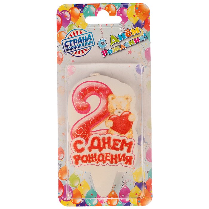 Свеча для торта цифра "Мишка с сердцем" красная "2"