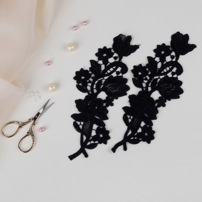 Аппликации пришивные, лейсы, 25,5*10см, пара, цвет чёрный