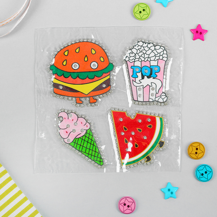 Термоаппликация со стразами «Арбуз, попкорн, бургер, мороженка», 5 × 5 см, 4 шт. на листе, цвет МИКС