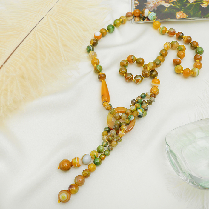 Кулон на декоративной основе "Агат зелёно-коричневый", 70см