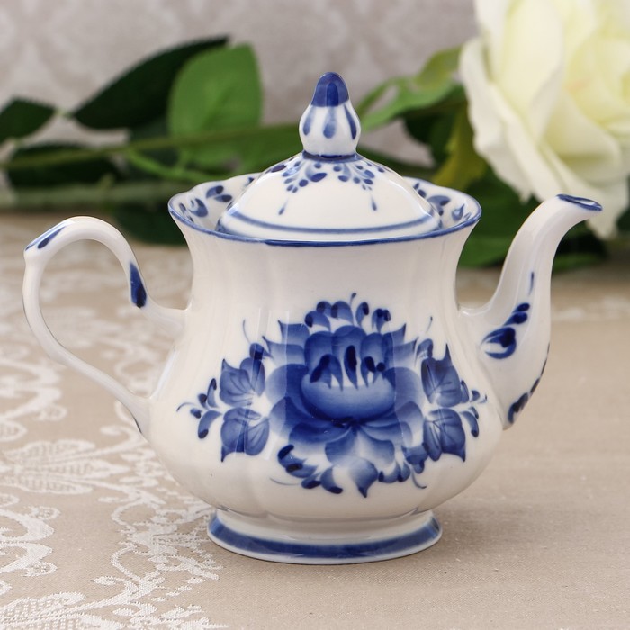 Чайник «Цветы», H=14 см, заварной, гжель