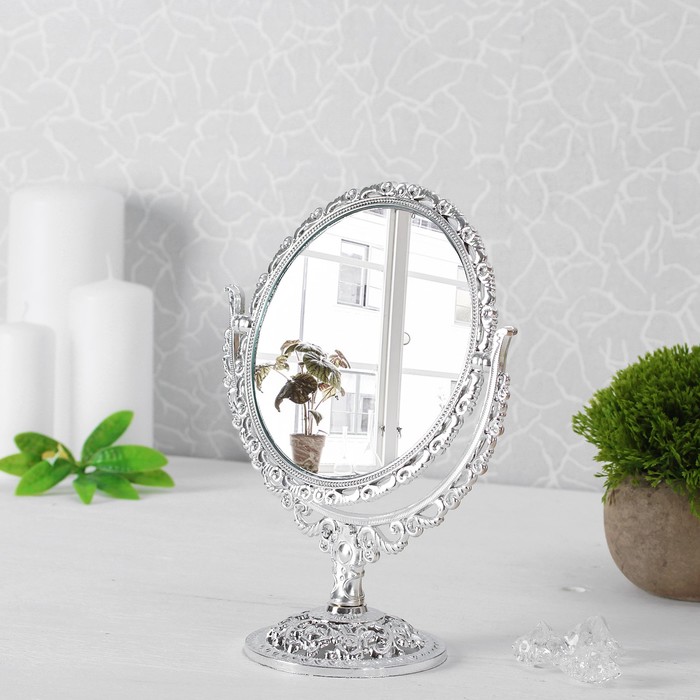 Зеркало на ножке «Ажур», круглое, двустороннее, с двукратным увеличением, d=15см, цвет серебристый
