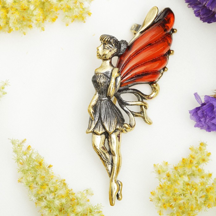 Брошь "Янтарь" фея в бронзе