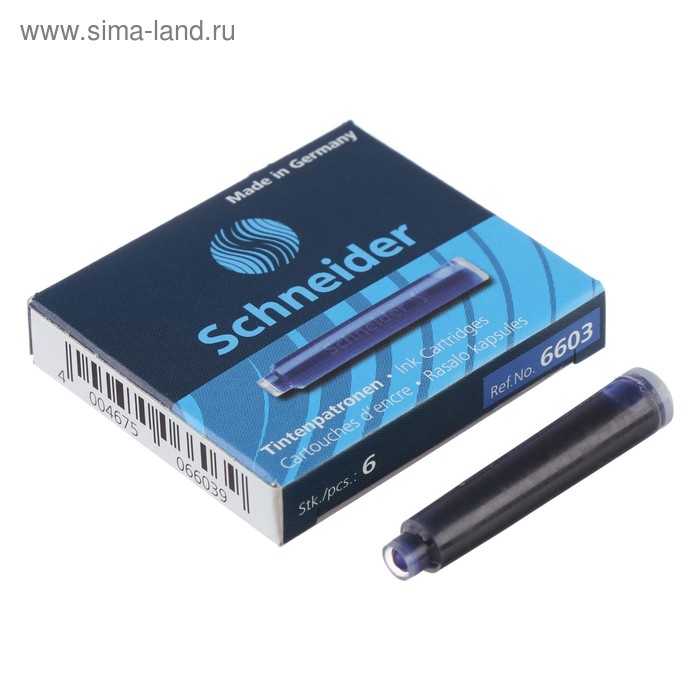 цена Картридж для перьевой ручки Schneider, 6 штук, кобальтовый, синий, картонная коробка
